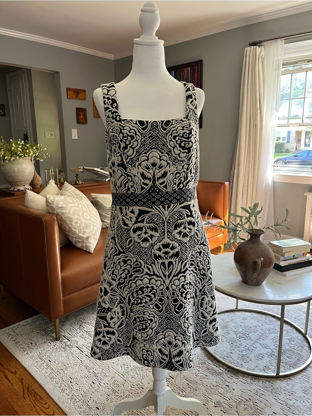 Ett: Twa Anthropologie Dress Sz M Black White Jacquard Fit Flare Boho Party